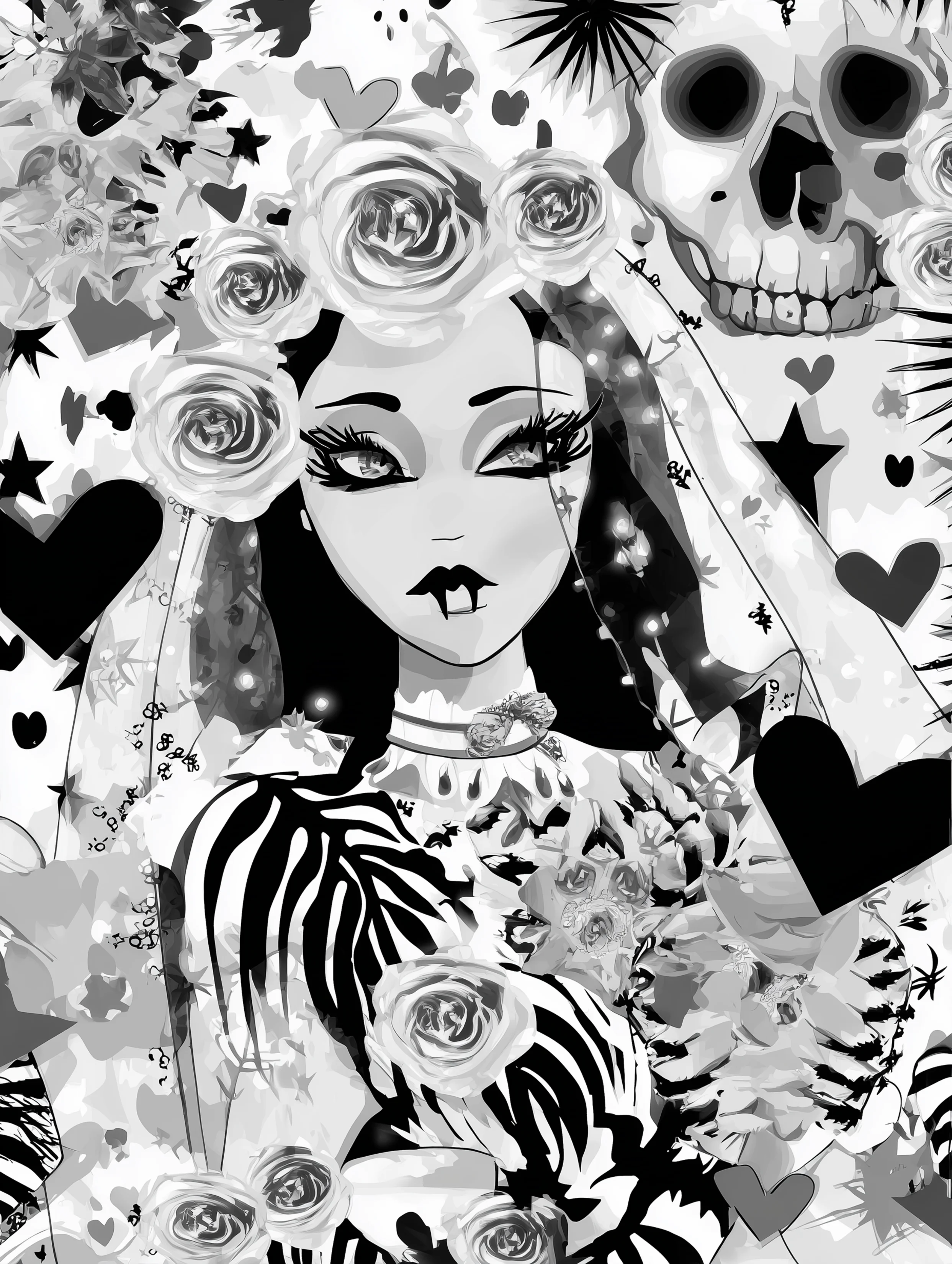 Free printable vampire coloring page for adults featuring a pretty vampire with fangs